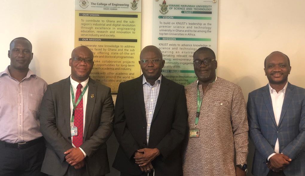 Mr. Abraham Yenu Lambon, Project Accountant (immediate left) with Prof. Jerry John Kponyo, Deputy Project Lead (second from left) and MOD A.K Secka, Permanent Secretary of Higher Education in Gambia (in the middle) with Prof. Kwabena B. Nyarko, Project Lead (second from right) and Mr. Kwadwo Nyantakyi Marfo, Project Manager (immediate right). 