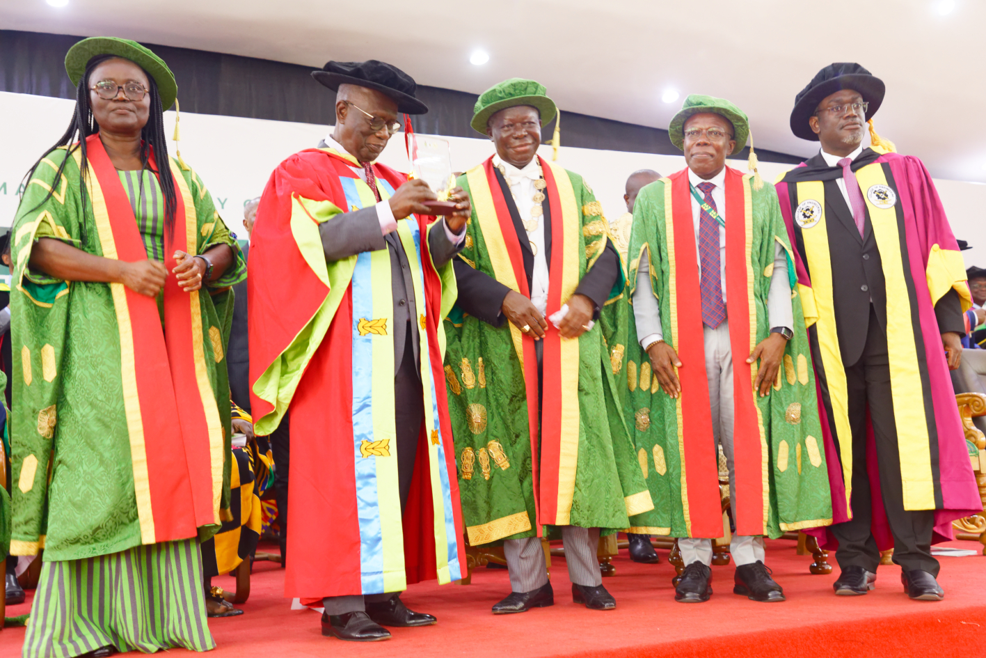 From left: Vice-Chancellor, Prof. Rita Dickson, Ing. Asare-Yeboah, Otumfuo Osei Tutu II, Pro VC, Prof. Ellis Dabo and Provost, College of Engineering, Prof. Kwabena Nyarko. 